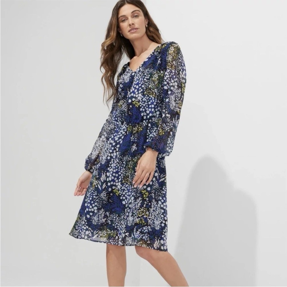 WHBM New Midi Chiffon Floral Dress Womens‎ Meadows Blue M Long Slleeve V Neck